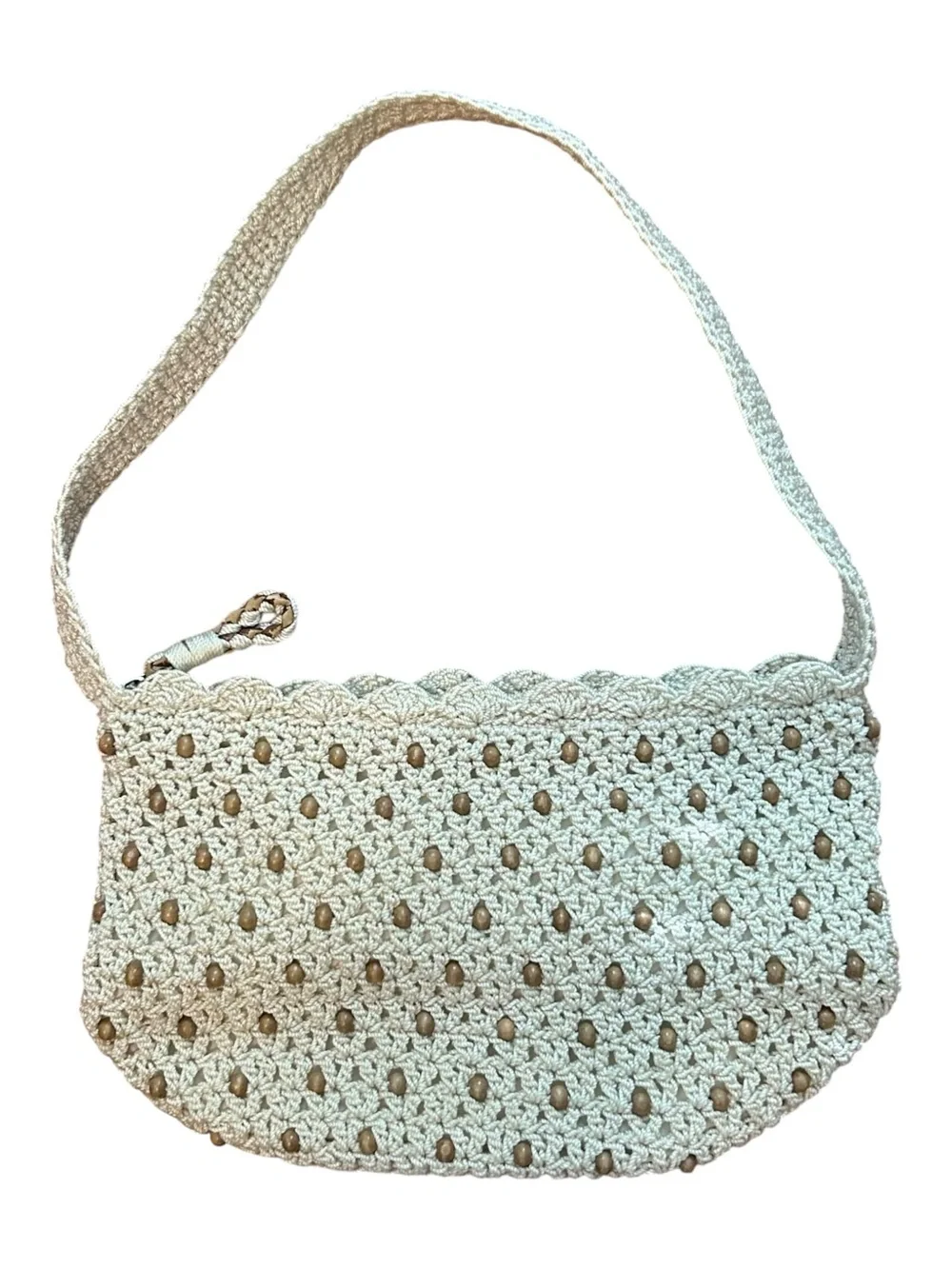 The SAK Zip Top Crochet Beaded Shoulder Hobo Bag in Light Beige